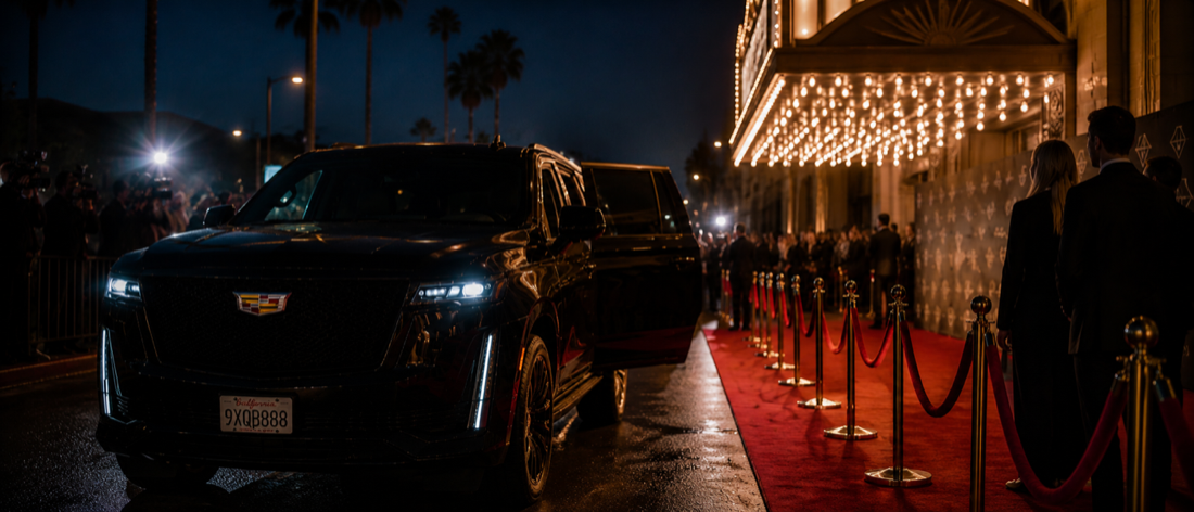 Cadillac Escalade at a red-carpet premiere in Los Angeles at night